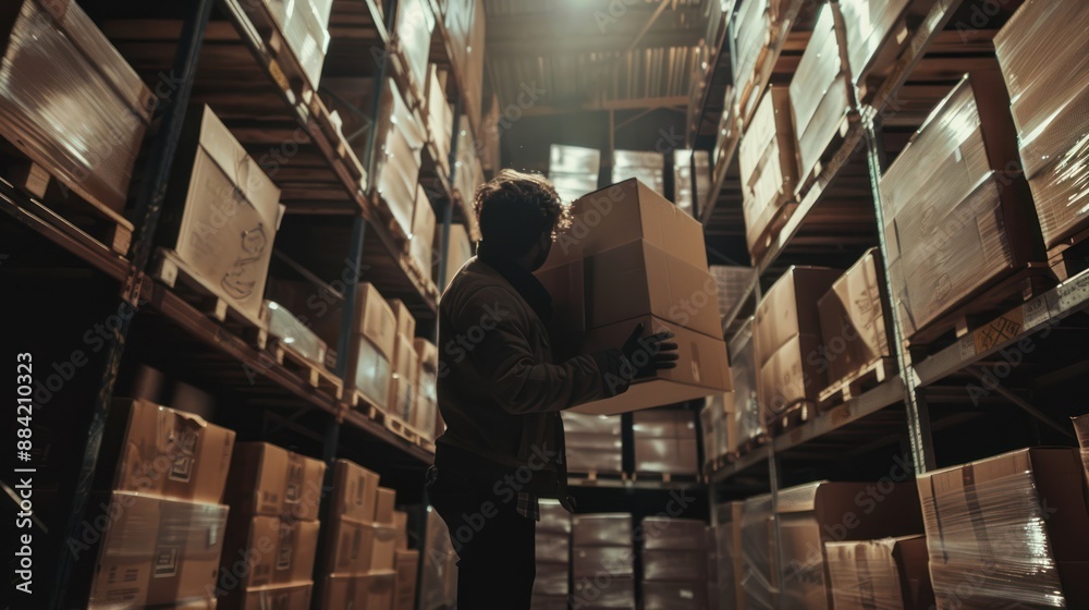 Worker Lifting Cardboard Boxes in a Warehouse at Night Worker Lifting Cardboard Boxes in a Warehouse at Night