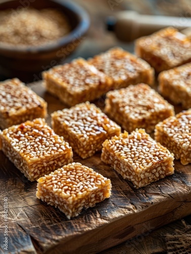 Sesame Seed Brittle Bars on Rustic Wooden Cutting Board