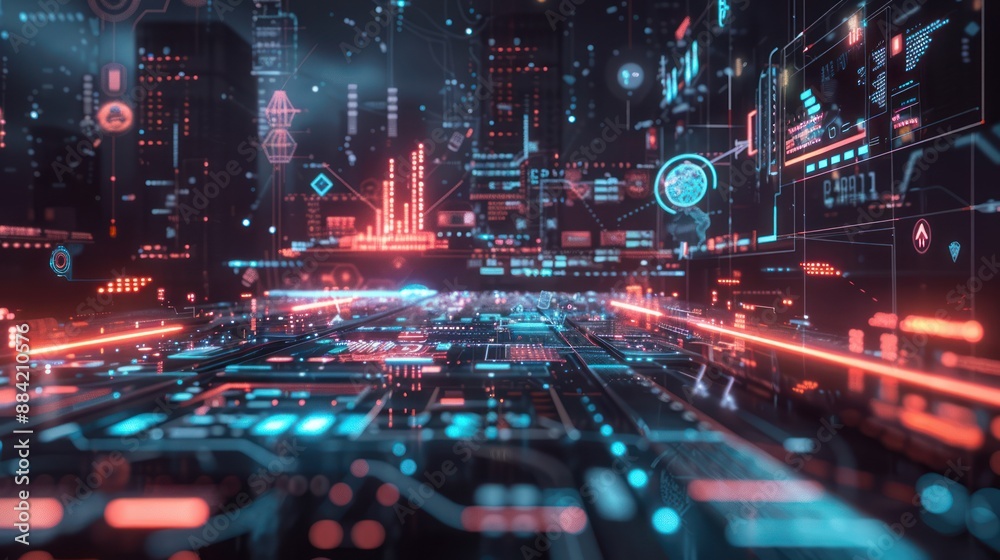 Futuristic Cityscape With Digital Interfaces and Illuminated Pathways Futuristic Cityscape With Digital Interfaces and Illuminated Pathways