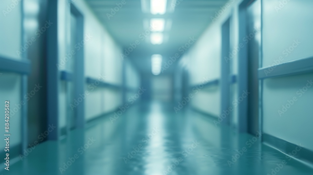 Obraz premium A distant and blurry view of a hospital corridor featuring teal flooring and bright overhead lights, conveying a modern medical atmosphere and professional care.