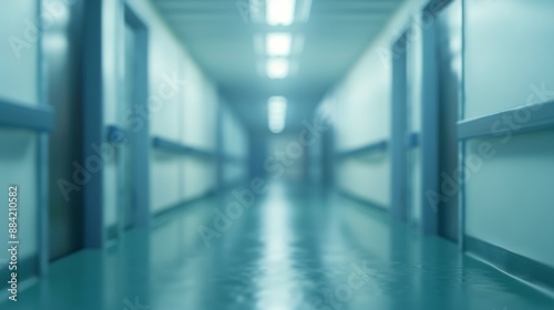 Wallpaper Mural A distant and blurry view of a hospital corridor featuring teal flooring and bright overhead lights, conveying a modern medical atmosphere and professional care. Torontodigital.ca