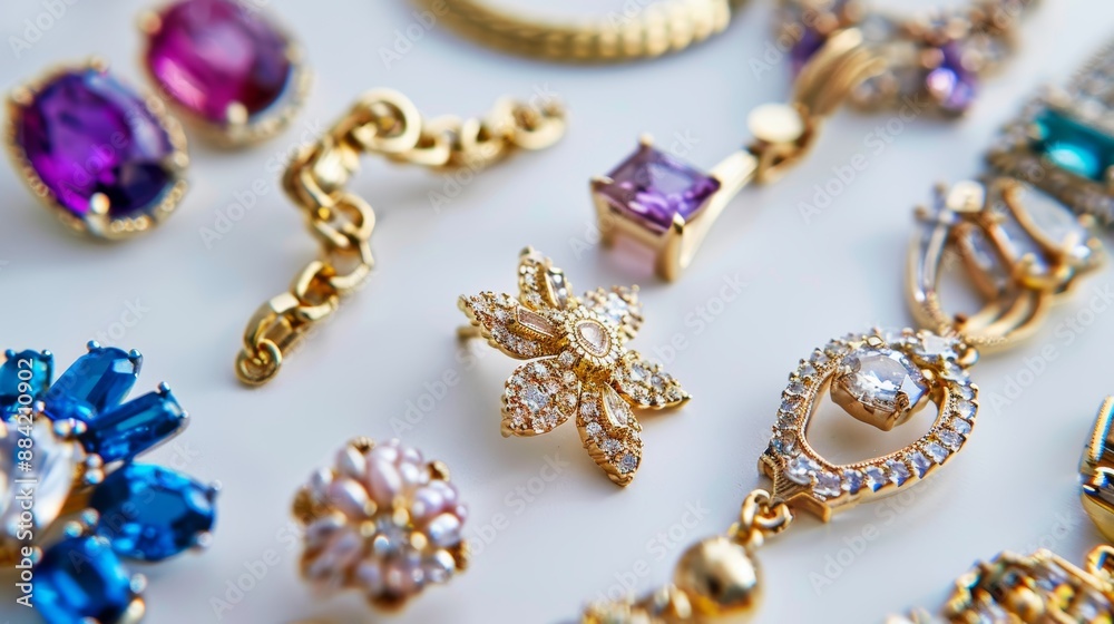 Gold jewelry with precious stones is displayed on a white background, showcasing the intricate designs and sparkling beauty of the pieces Gold jewelry with precious stones is displayed on a white background, showcasing the intricate designs and sparkling beauty of the pieces