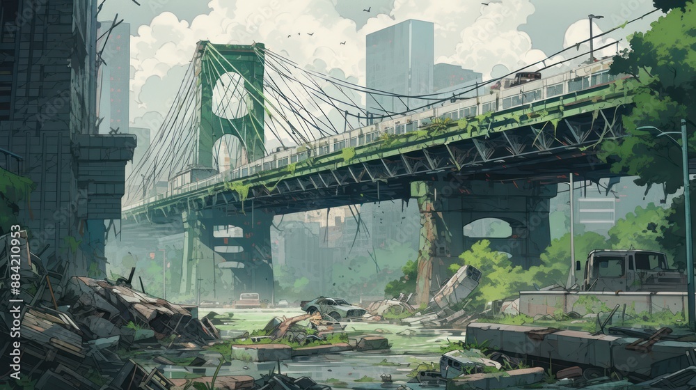 Fototapeta premium Overgrown Bridge in a Post-Apocalyptic City