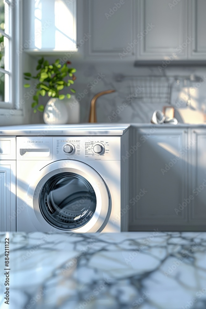 Modern Laundry Room with Washing Machine and Marble Countertop in Sunlit Home Interior Modern Laundry Room with Washing Machine and Marble Countertop in Sunlit Home Interior