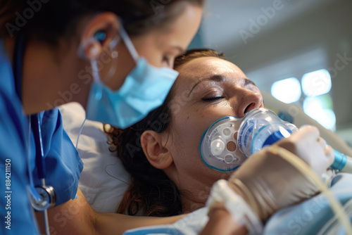A clean shot of a respiratory therapist adjusting an oxygen mask on a patient