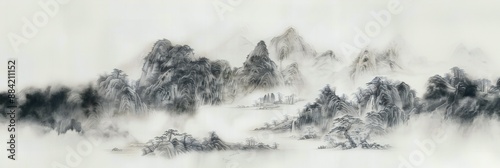 chinoiseries style painting of panorama mountain scene, illustration