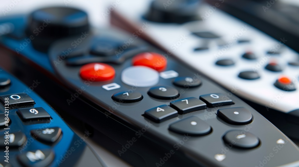 Multitude of modern television remote controls arranged on a table, offering a wide range of entertainment choices Multitude of modern television remote controls arranged on a table, offering a wide range of entertainment choices