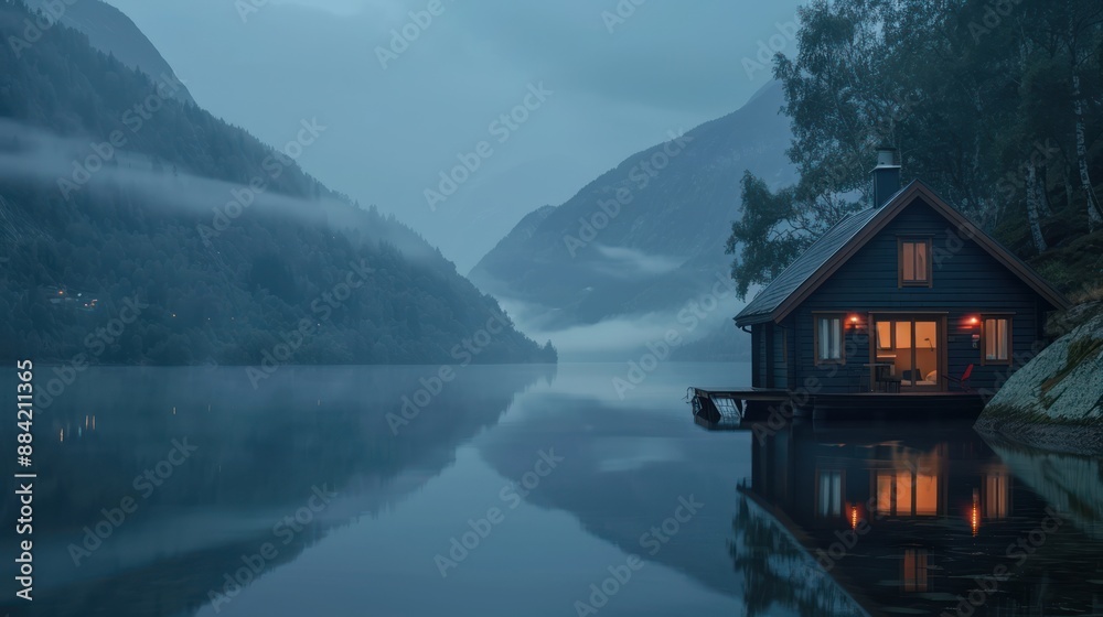 Fototapeta premium A Remote Cabin on a Misty Lake Surrounded by Mountains at Dusk