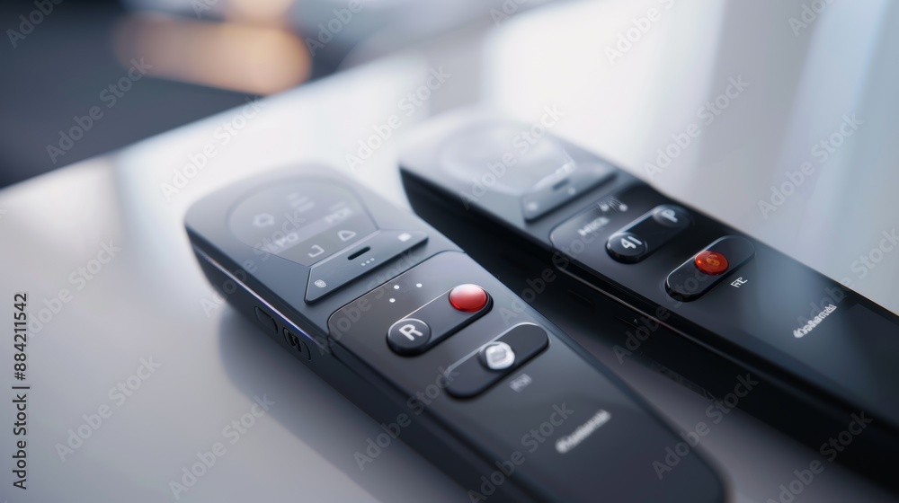 Two modern tv remotes on a reflective table, sleek and black with glossy finish. Essential for controlling channels and volume, they enhance the home theater experience Two modern tv remotes on a reflective table, sleek and black with glossy finish. Essential for controlling channels and volume, they enhance the home theater experience