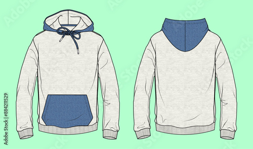  mens ecru colour terry fleeces long sleeve hoodie fashion illustration flat sketch vector.