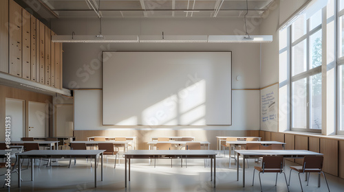 A classroom with a large white board and many desks