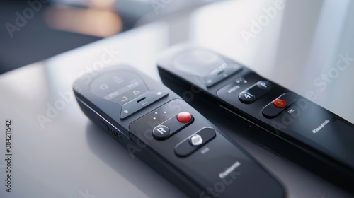 Two modern tv remotes on a reflective table, sleek and black with glossy finish. Essential for controlling channels and volume, they enhance the home theater experience © Shozib