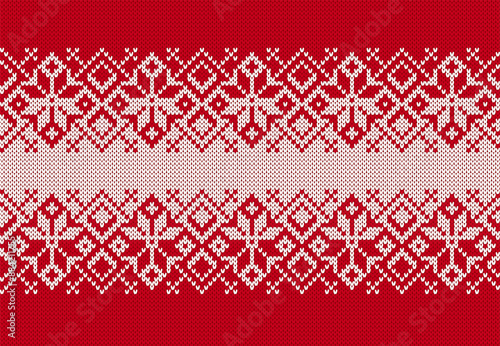 Christmas seamless background. Knit winter red pattern. Festive print. Knitted Xmas sweater texture with snowflakes. Holiday fair traditional ornament. Vector illustration.