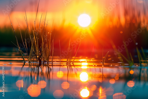 Gros-plan sur les herbes d'un étang et les reflets du Soleil.