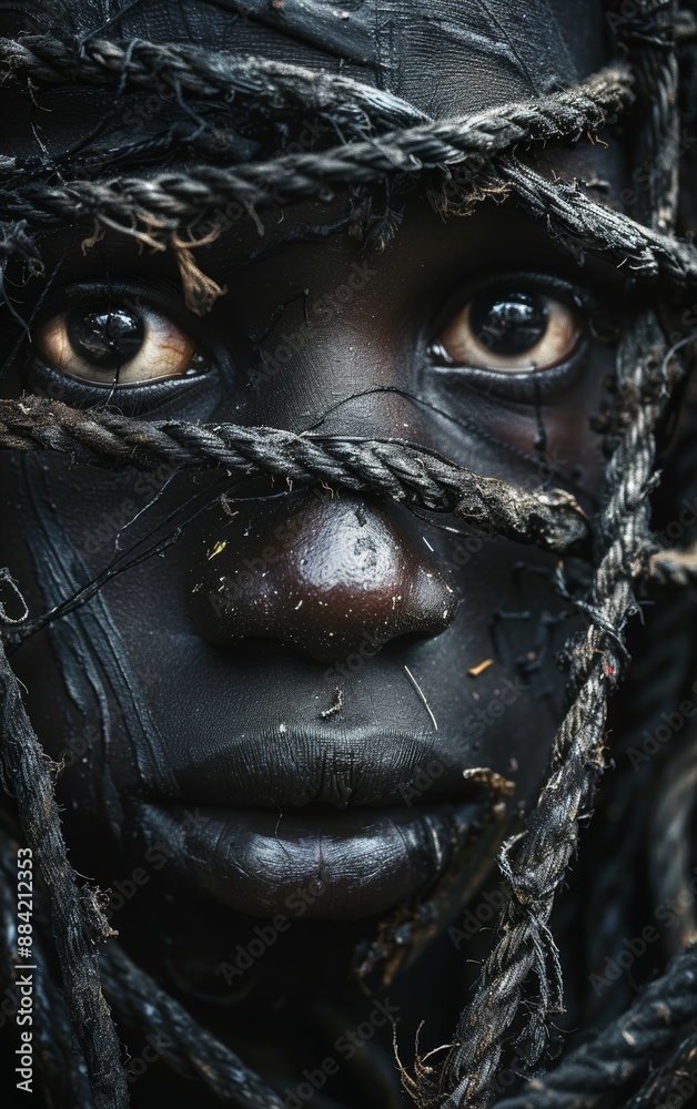 Close-up portrait of a young woman with braided hair, her eyes peering out from behind a woven rope. Close-up portrait of a young woman with braided hair, her eyes peering out from behind a woven rope.