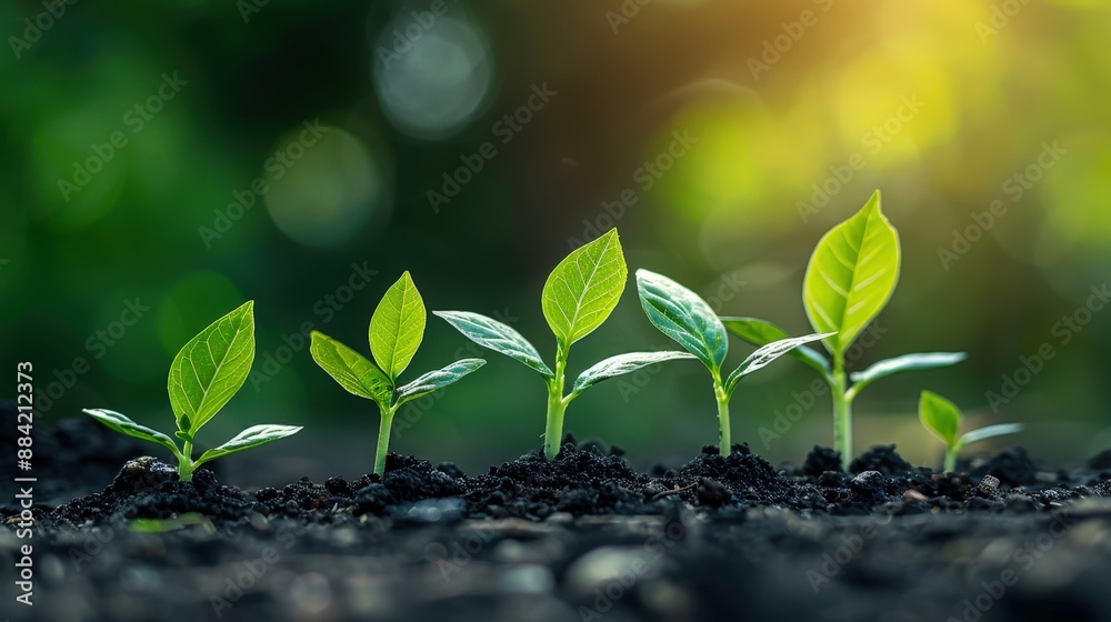 Young Green Plants Growing in Soil with Sunlight - Concept of Growth, Nature, and New Beginnings Young Green Plants Growing in Soil with Sunlight - Concept of Growth, Nature, and New Beginnings