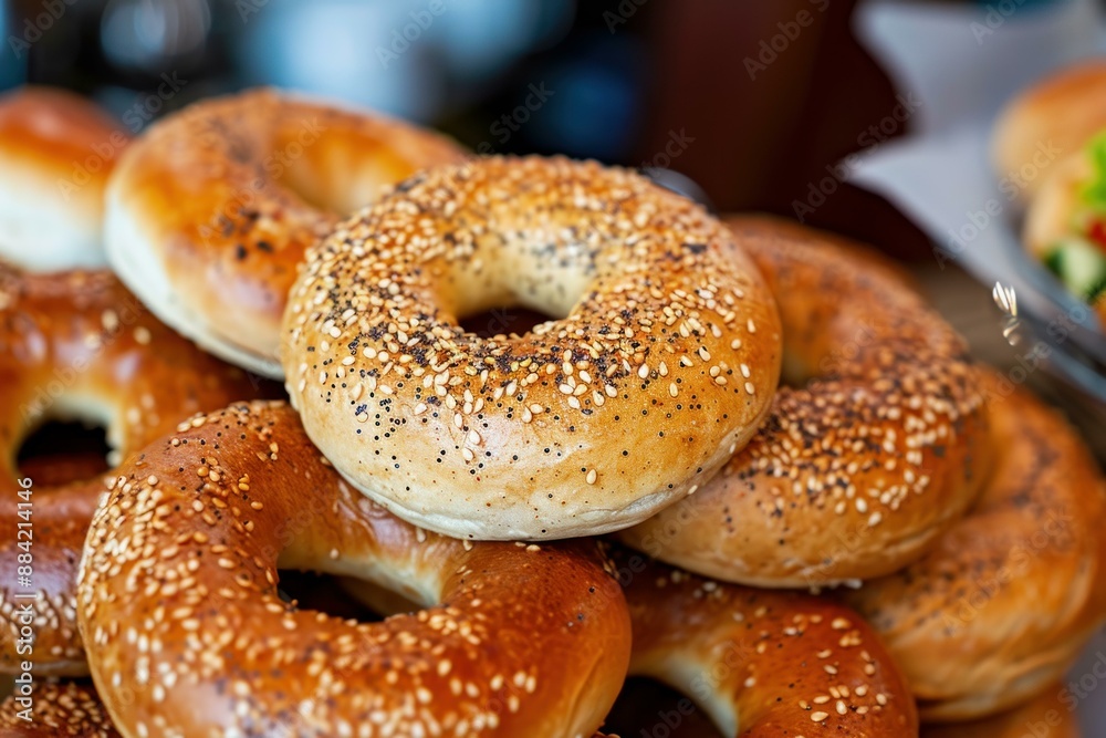 Close-up of delicious sesame seed bagels in a bakery setting Close-up of delicious sesame seed bagels in a bakery setting