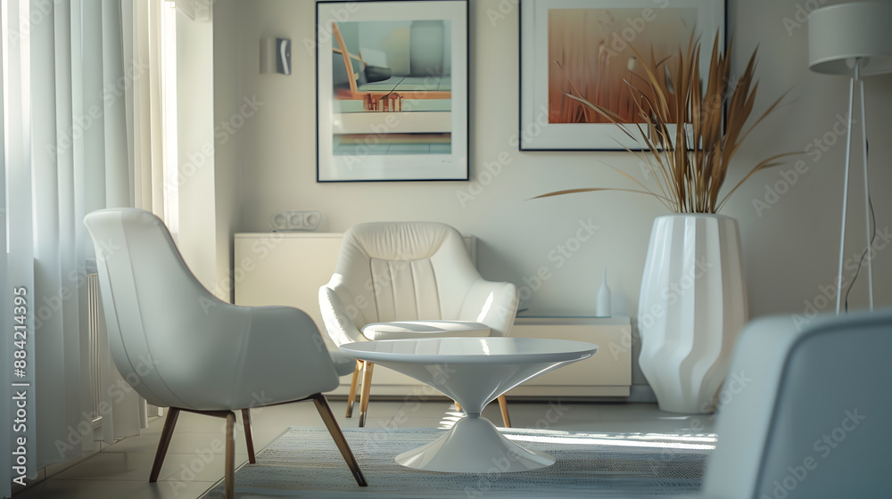 Fototapeta premium A living room with a white couch, two chairs, and a coffee table