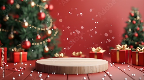 Festive Wooden Podium Pedestal with Christmas Tree and Gifts, Red and Green Themed Product Display for Holiday Poster, Background, or Banner Design