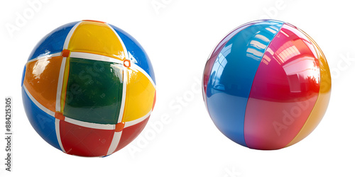 Two jousting balls, one is colorful and the other has white stripes on it, isolated in a white background, viewed from the front