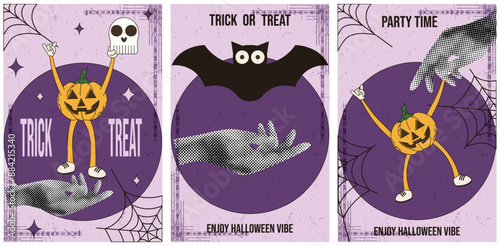 Modern Halftone Collage Halloween postcard cover design with trendy grainy noise textures. Retro Groovy style Helloween posters template. Vintage vector aesthetic can used social media greeting card 