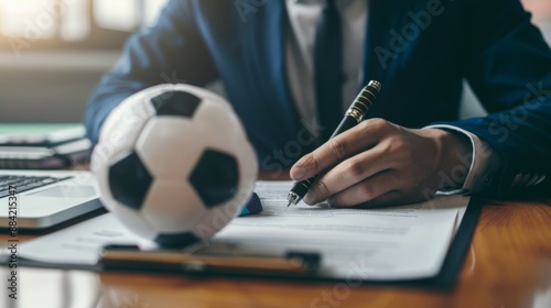 Fototapeta Naklejka Na Ścianę i Meble -  A businessman in a suit signing papers with a soccer ball nearby, representing the intersection of sports and business in a modern office setting during daylight hours.