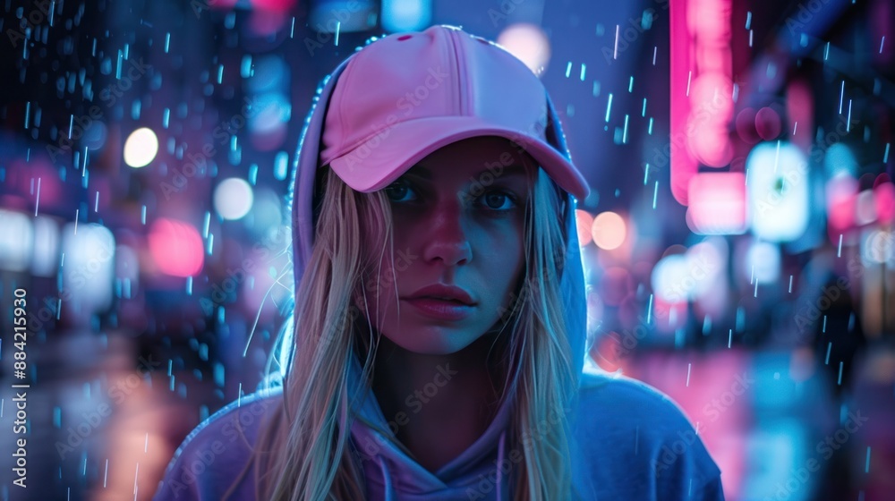 Woman in Pink Cap and Hoodie in the Rain Woman in Pink Cap and Hoodie in the Rain