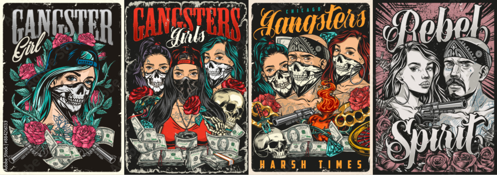 People gangsters colorful set posters People gangsters colorful set posters