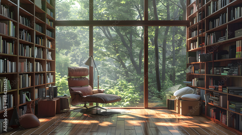 A room with a large window and a lot of bookshelves A room with a large window and a lot of bookshelves