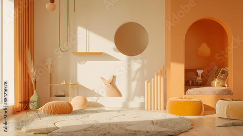 A teddy bear is sitting on a bed with pillows and blankets