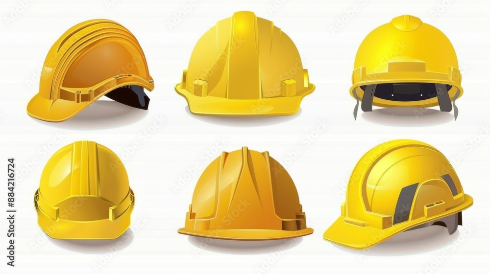 This image shows a collection of six yellow safety helmets arranged in two rows, designed for construction site use, highlighting essential protective headgear for workers. This image shows a collection of six yellow safety helmets arranged in two rows, designed for construction site use, highlighting essential protective headgear for workers.
