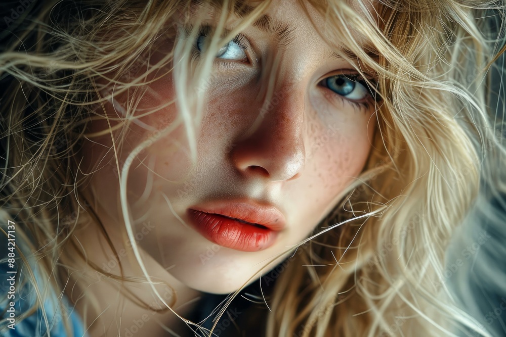 Close-up portrait of a thoughtful woman with freckled skin and windswept hair Close-up portrait of a thoughtful woman with freckled skin and windswept hair