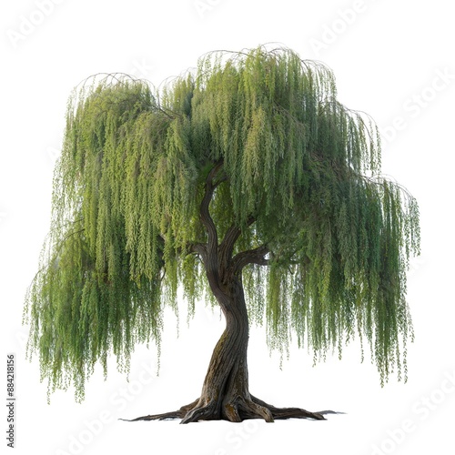 Vibrant weeping willow tree in a natural setting, emphasizing the beauty and tranquility of lush greenery and expansive branches isolated