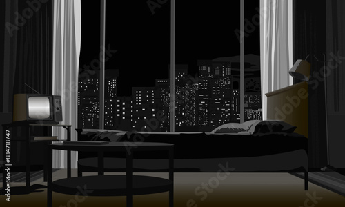 Bedroom with a large window, night view of the city, vector illustration for interior design and scenes in an urban style.