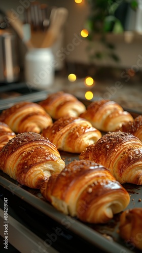 Freshly baked croissants sit on a baking sheet in a kitchen.
