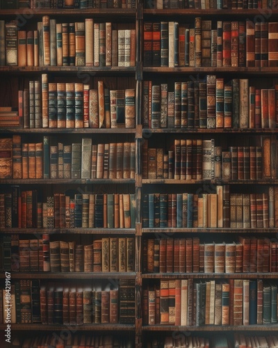 Neatly arranged books on library shelves, soft warm light, front view, cozy and scholarly setting