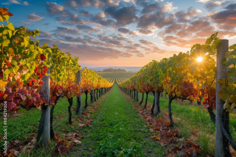 Naklejka premium Vibrant Beautiful vineyard. Rural view sun. Generate Ai