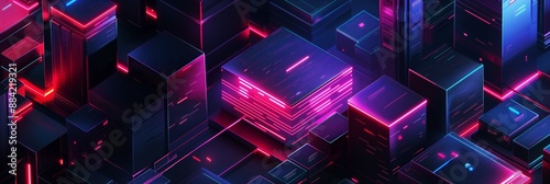 Futuristic neon-lit cityscape digital skyscrapers glowing grid blue pink horizontal