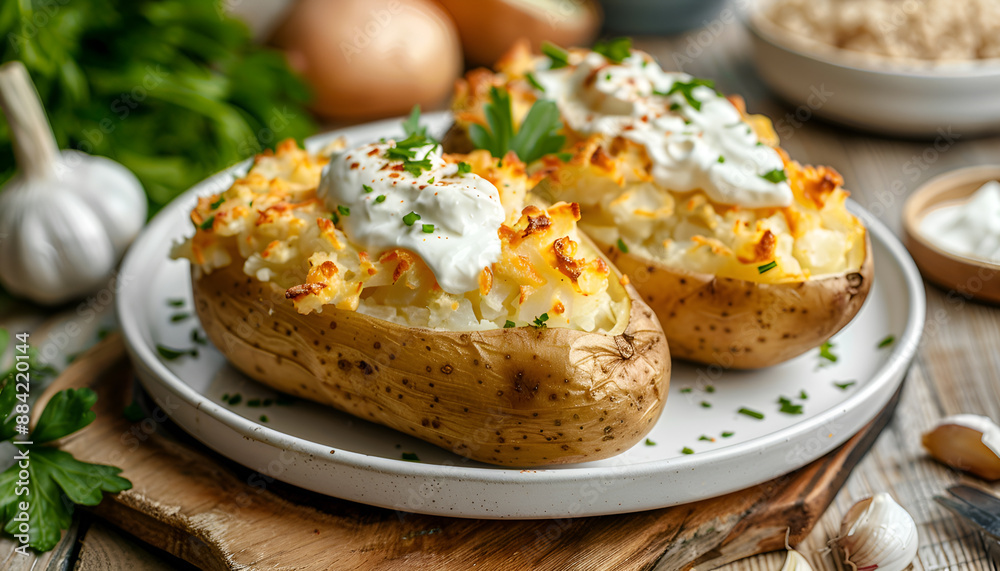 Baked potato filled with sour cream on white plate on wooden table Baked potato filled with sour cream on white plate on wooden table
