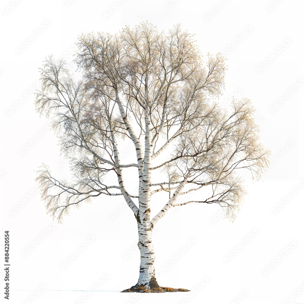 Fototapeta premium Majestic birch tree with distinctive white bark and bare branches, ideal for illustrating the beauty of nature in winter and autumn.