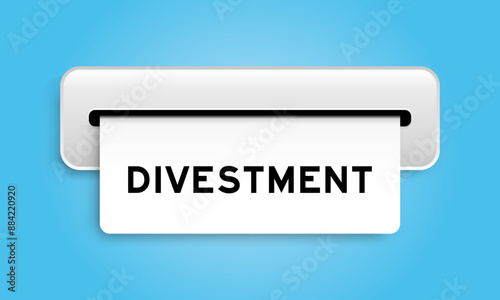 White coupon banner with word divestment from machine on blue color background