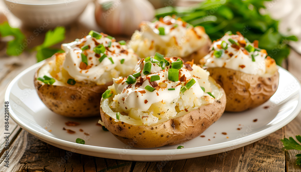 Baked potato filled with sour cream on white plate on wooden table Baked potato filled with sour cream on white plate on wooden table