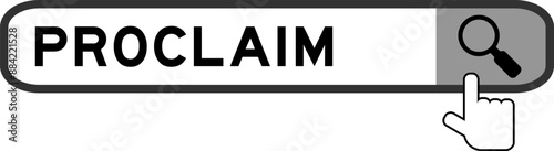 Search banner in word proclaim with hand over magnifier icon on white background