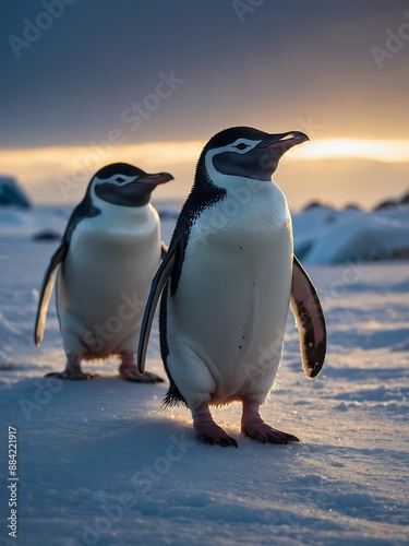 Chinstrap penguins waddling in blizzar photo