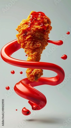 Crispy Fried Chicken Drumstick with Spiral of Red Sauce photo