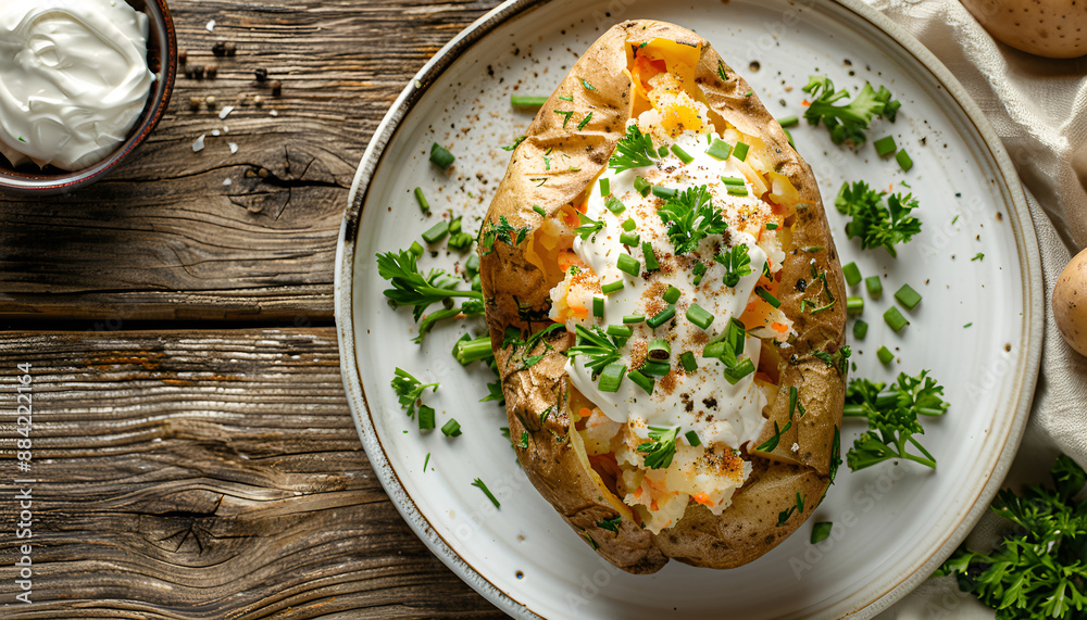 Baked potato filled with sour cream on white plate on wooden table