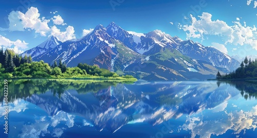 A digital painting of a beautiful mountain landscape. The mountains should be in the background with a lake in the foreground. 