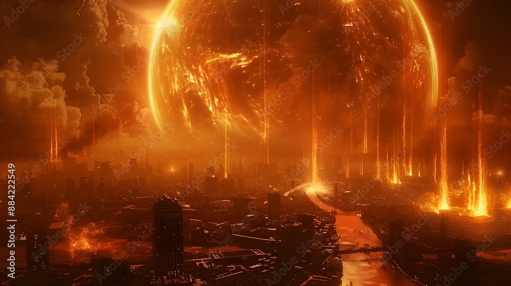 A dystopian solar planet experiencing extreme solar flares, with intense aurora borealis effects lighting up the sky A dystopian solar planet experiencing extreme solar flares, with intense aurora borealis effects lighting up the sky