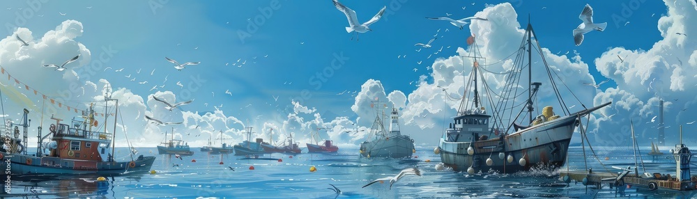 Obraz premium A group of fishing boats are anchored in a calm sea
