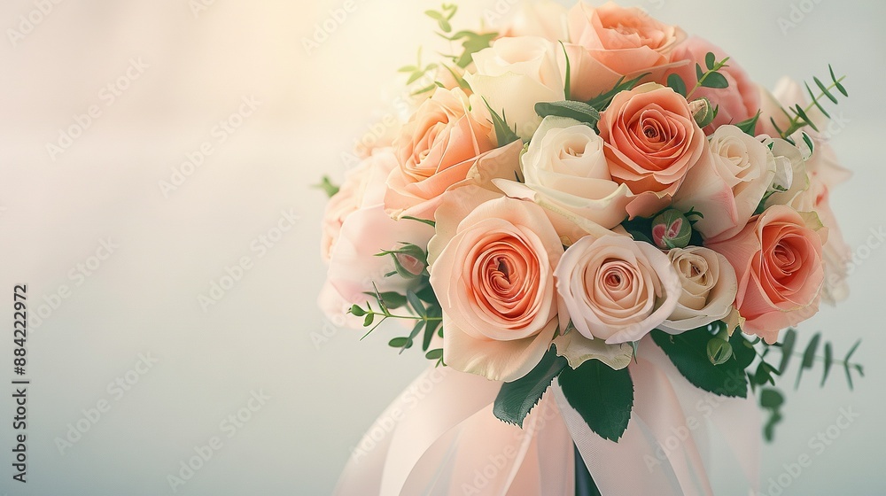 Peach and white roses in a green top, pink ribbon at the base Peach and white roses in a green top, pink ribbon at the base